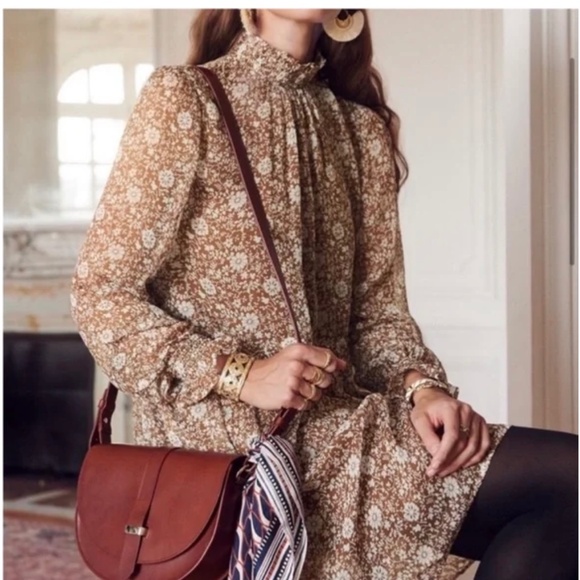 Sezane Dresses & Skirts - Sezane Olivia Long Sleeve Mini Dress in Flora Moka Brown Size 42 US 10